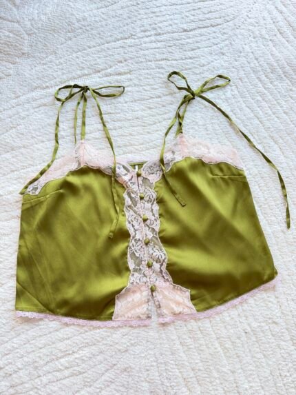 Love green satin lace detail tie up top