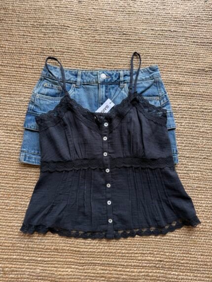 Charcoal black lace down button up top