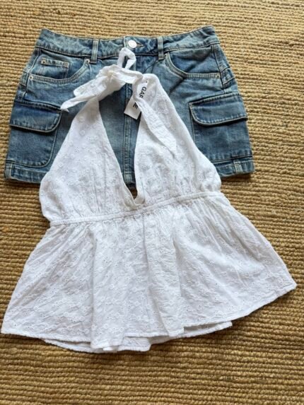 White embroidered halter neck backless top