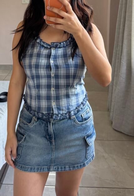 Checked button up corset top